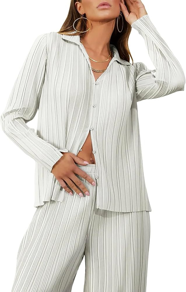 UANEO 2 Piece Outfits for Women Summer Plisse Set Outfit Button Down Shirts Sets Y2K | Amazon (US)