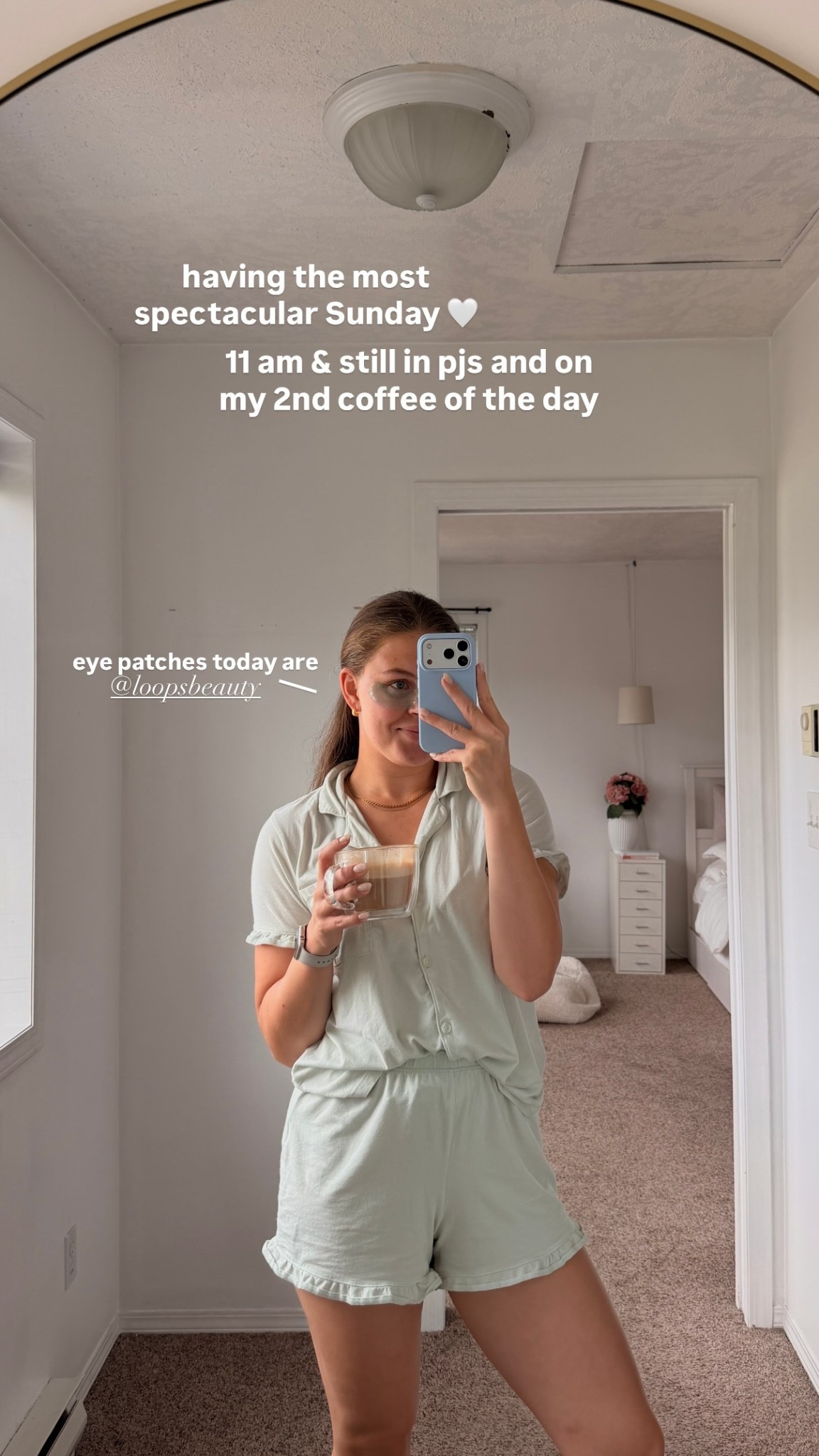 having the most spectacular Sunday 🤍 11 am & still in pjs and on my 2nd coffee of the day ____ eye patches today are 
 @loopsbeauty