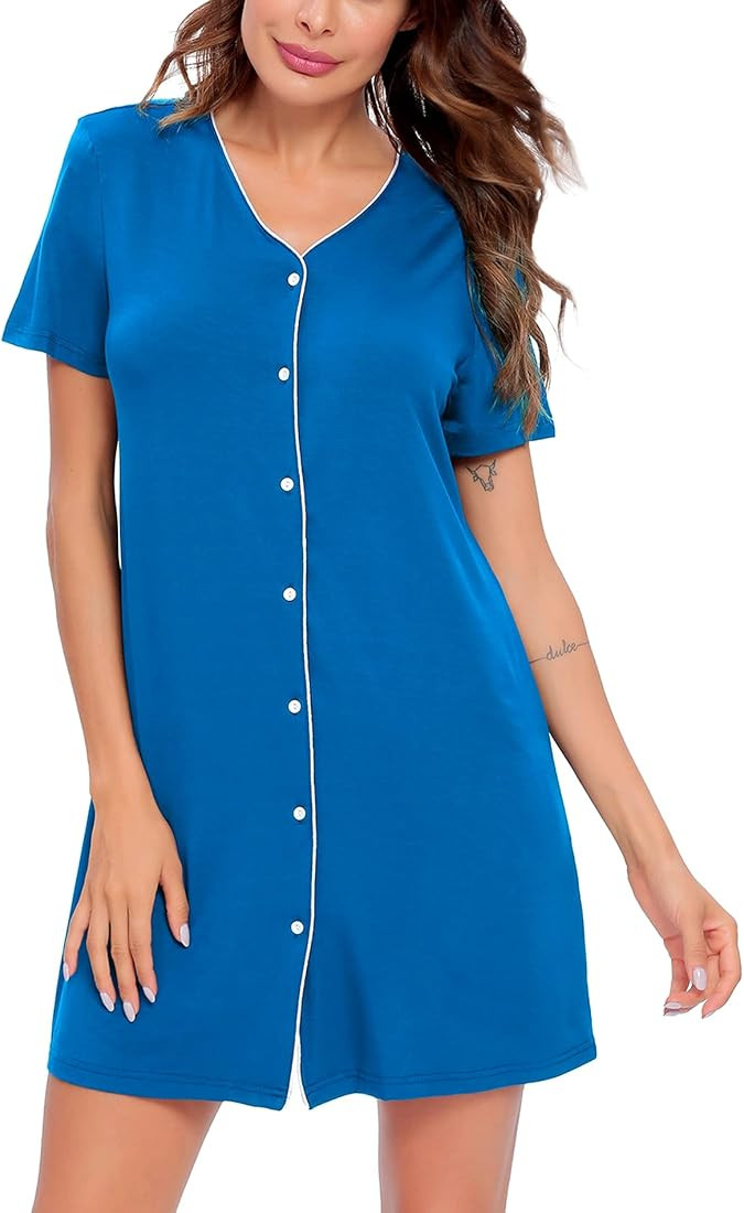 SWOMOG Women's Button Down Nightgown Short Sleeve Nightshirt V-Neck Sleepwear Boyfriend Sleepshirt P | Amazon (US)