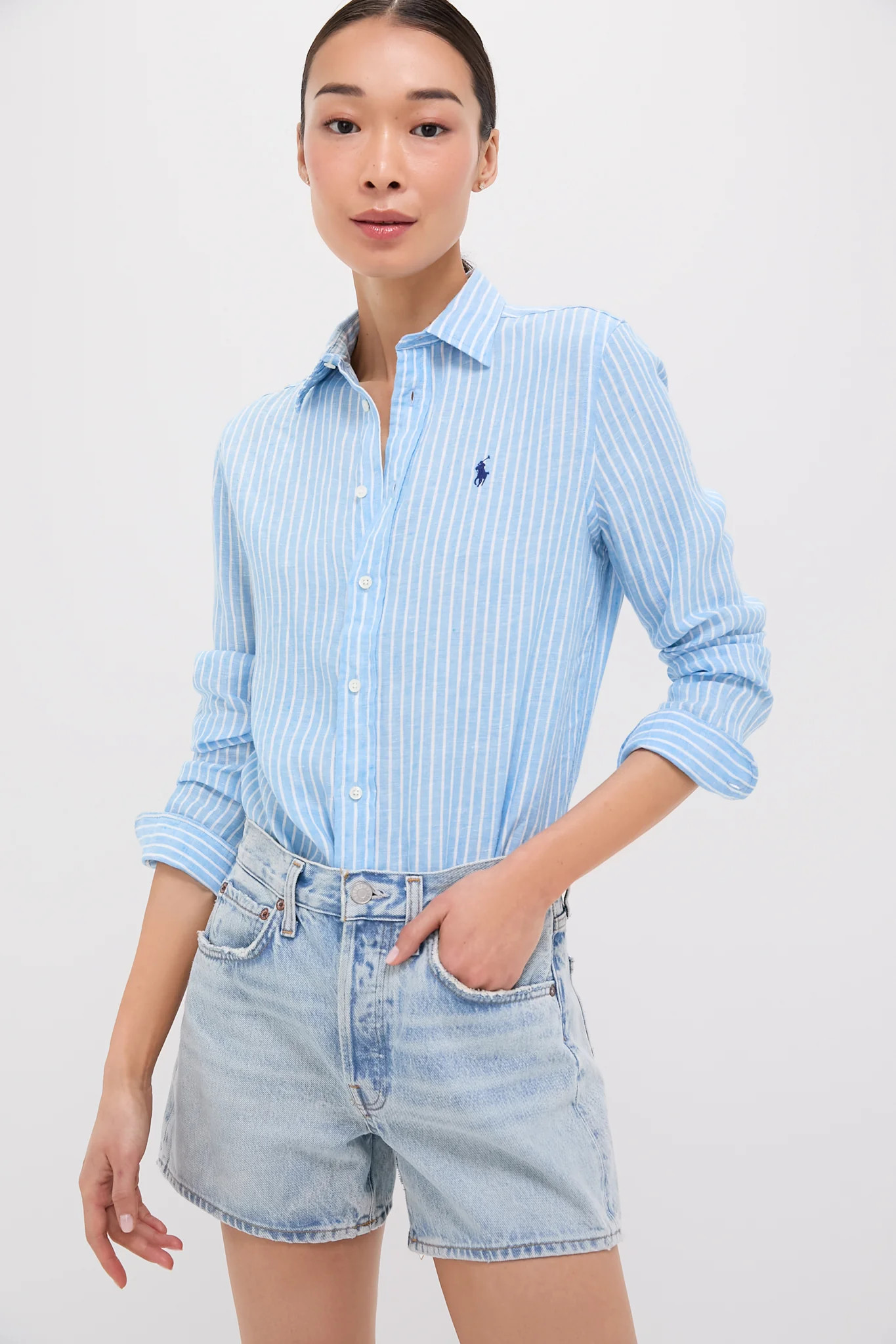 Light Blue and White Linen Long Sleeve Button Front Shirt | Tuckernuck (US)