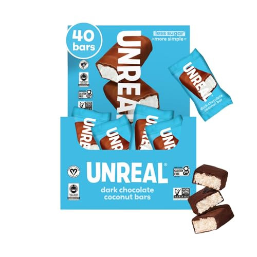 UNREAL Dark Chocolate Coconut Bars (40 Mini Bars) | Vegan, 3g Sugar, & 3 Simple Ingredients | Non-GMO, Gluten Free, & Fair Trade | .53oz each | Amazon (US)