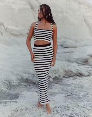 4th & Reckless x Loz Vassallo zoe stripe knit maxi beach skirt in black and white - part of a set | ASOS (Global)