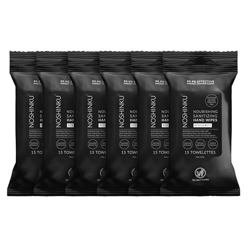 Noshinku – Bergamot Hand Sanitizer Wipes, 6-Pack (90 Towelettes) – Resealable Travel Wipes with Ethyl Alcohol, Aloe & Green Tea, Plant-Based Fiber, Essential Oil Scents, Cruelty-Free & No Dyes | Amazon (US)