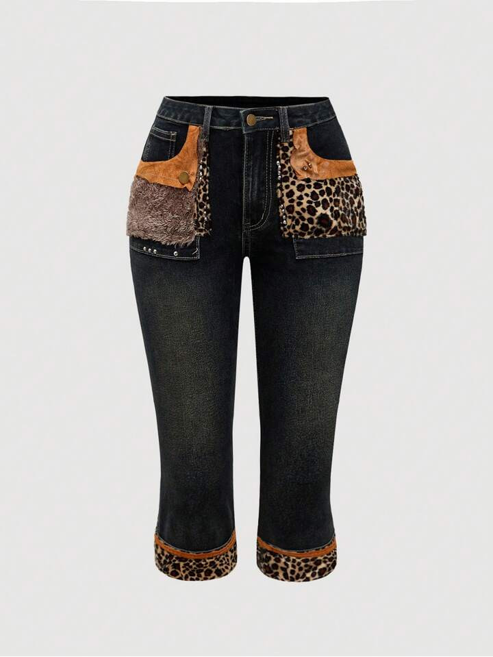 ROMWE J-Fashion Y2K Style Low-Waisted Vintage Leopard Print Fluffy Patchwork Denim 3/4 Pants | SHEIN