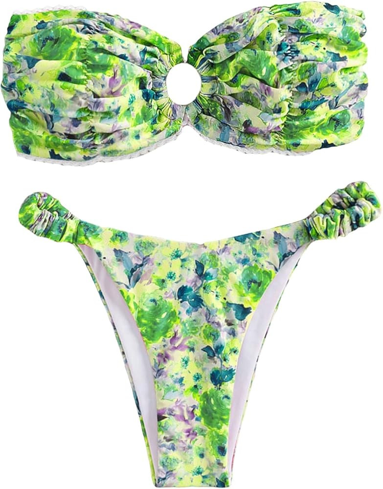 SHENHE Women's Floral Print O Ring Bandeau Bikini Bathing Suit 2 Piece Swimsuits | Amazon (US)