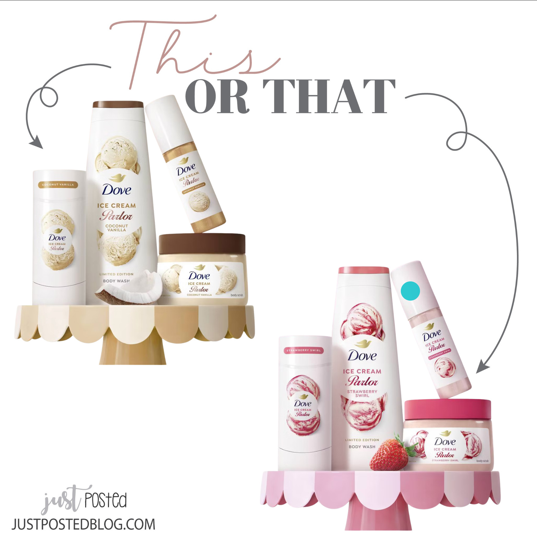 Strawberry swirl or coconut vanilla?!?! New Dove scents in a body wash, deodorant, body mist, and sugar scrub!! 

 