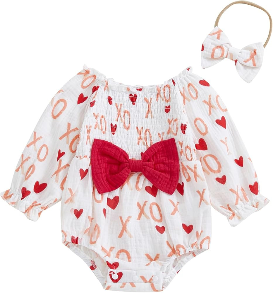 Baby Girl Valentines Day Outfit Smocked Bubble Romper Football&Bow Print One Piece Jumpsuit Sprin... | Amazon (US)