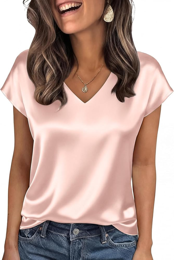 WIHOLL Womens Satin Summer Tops Cap Short Sleeve Blouses V Neck Shirts Business Casual Outfits Fa... | Amazon (US)