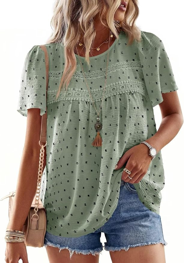 Falechay Womens Summer Tops Crewneck Short Sleeve Shirts Casual Chiffon Blouses Flowy Lace Hem Bo... | Amazon (US)
