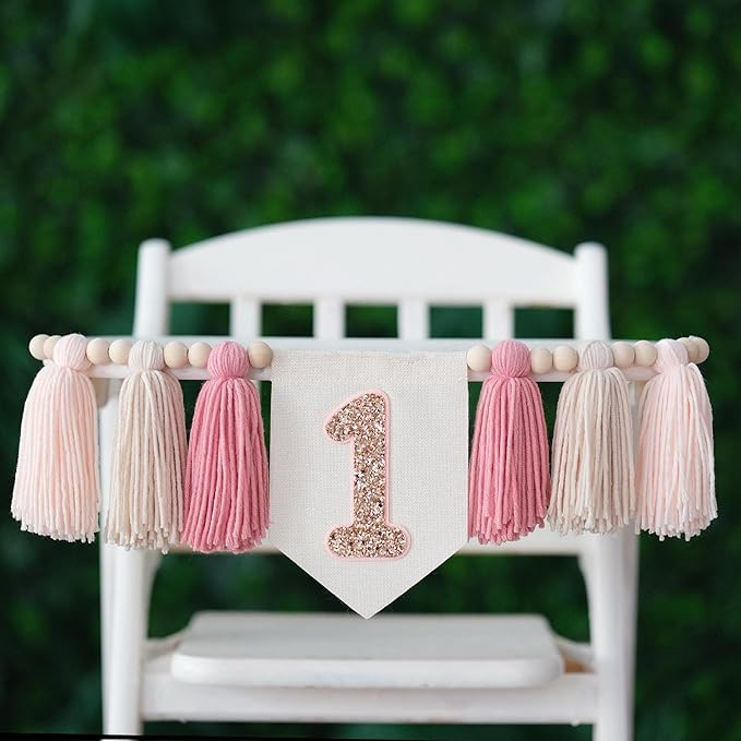Handmade Boho Pink One High Chair Banner Girl for First Birthday Decorations Wall Hangings Wood B... | Amazon (US)
