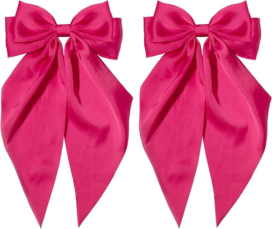 Pink Hair Bow for Women - Furling Pompoms Pack of 2 Hot Pink Bow Clips for Hair,Satin Big Bows Lo... | Amazon (US)