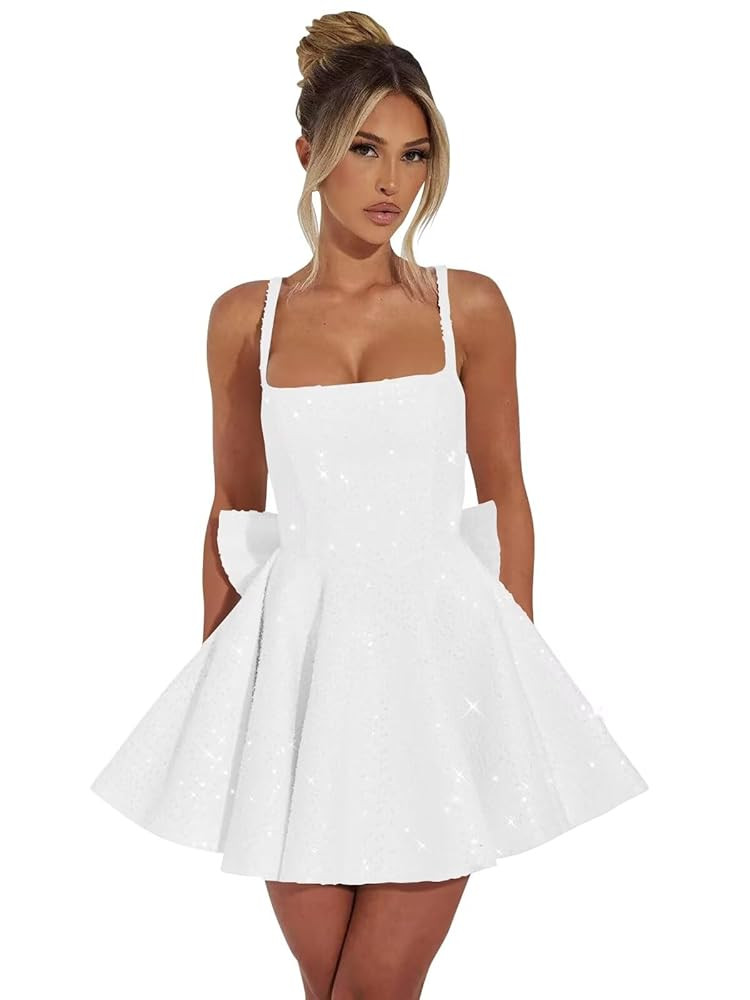 Sequin Homecoming Dresses Square Neck Short Prom Dress with Bow Spaghetti Straps Cocktail Party G... | Amazon (US)