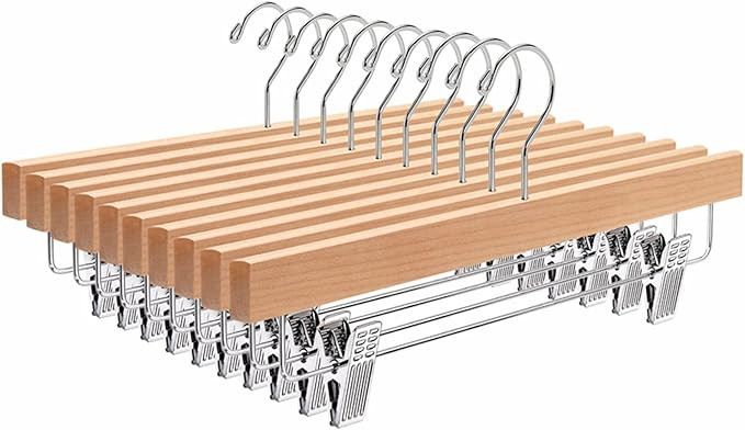 Amber Home 10 Pack Natural Wooden Pants Hangers with Clips, Wood Skirt Hangers Trouser Hangers fo... | Amazon (US)
