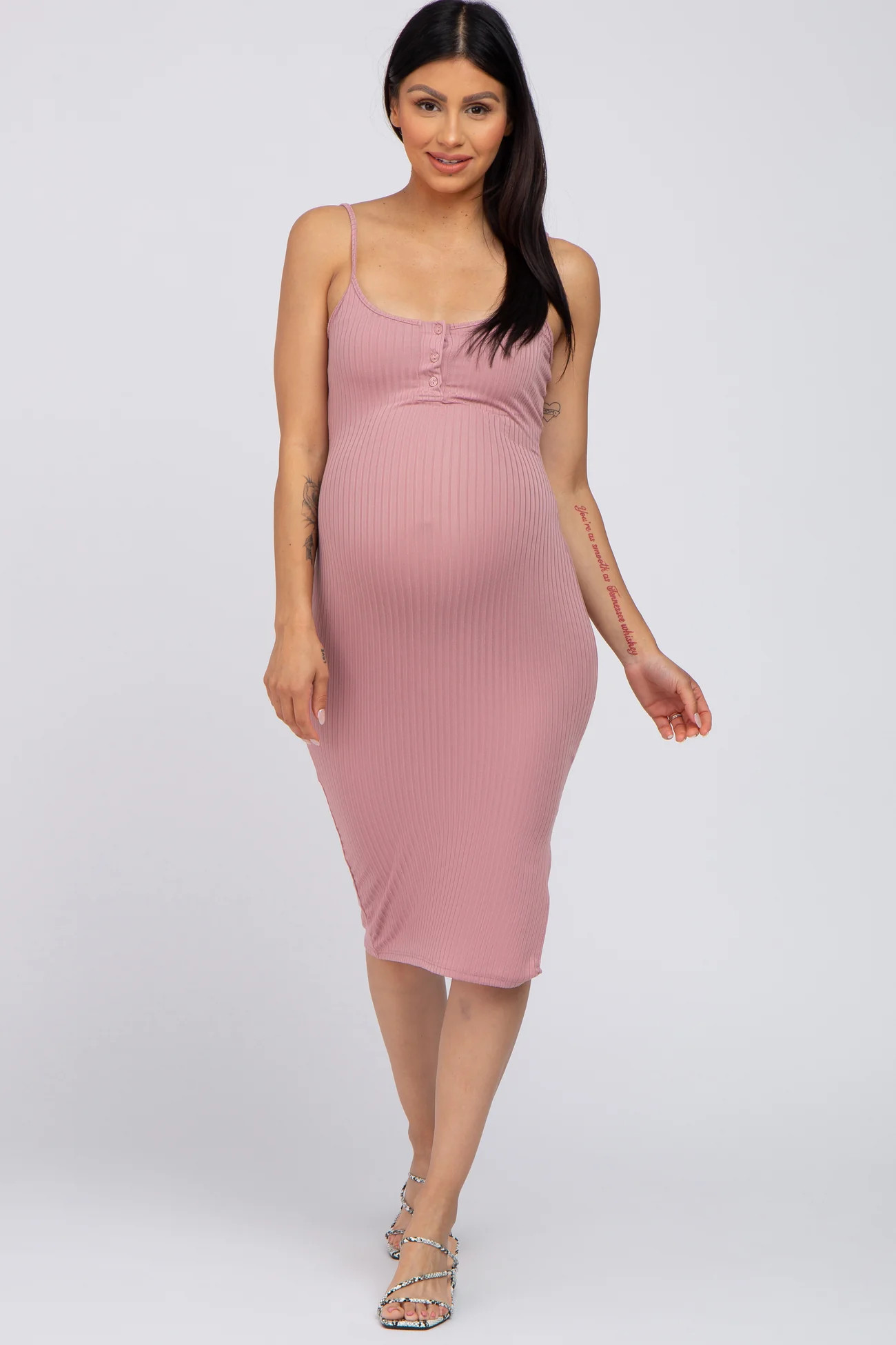 Mauve Ribbed Button Maternity Midi Dress | PinkBlush Maternity