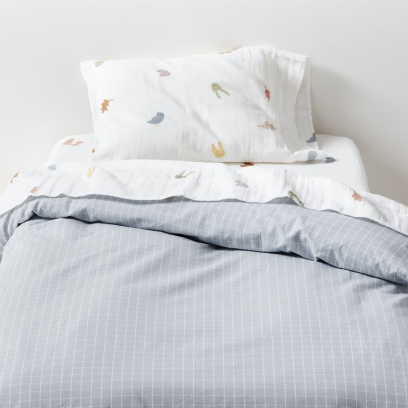 Stax Mini Grid Mist Blue Yarn-Dyed Organic Cotton Toddler Duvet Cover | Crate & Kids | Crate & Barrel