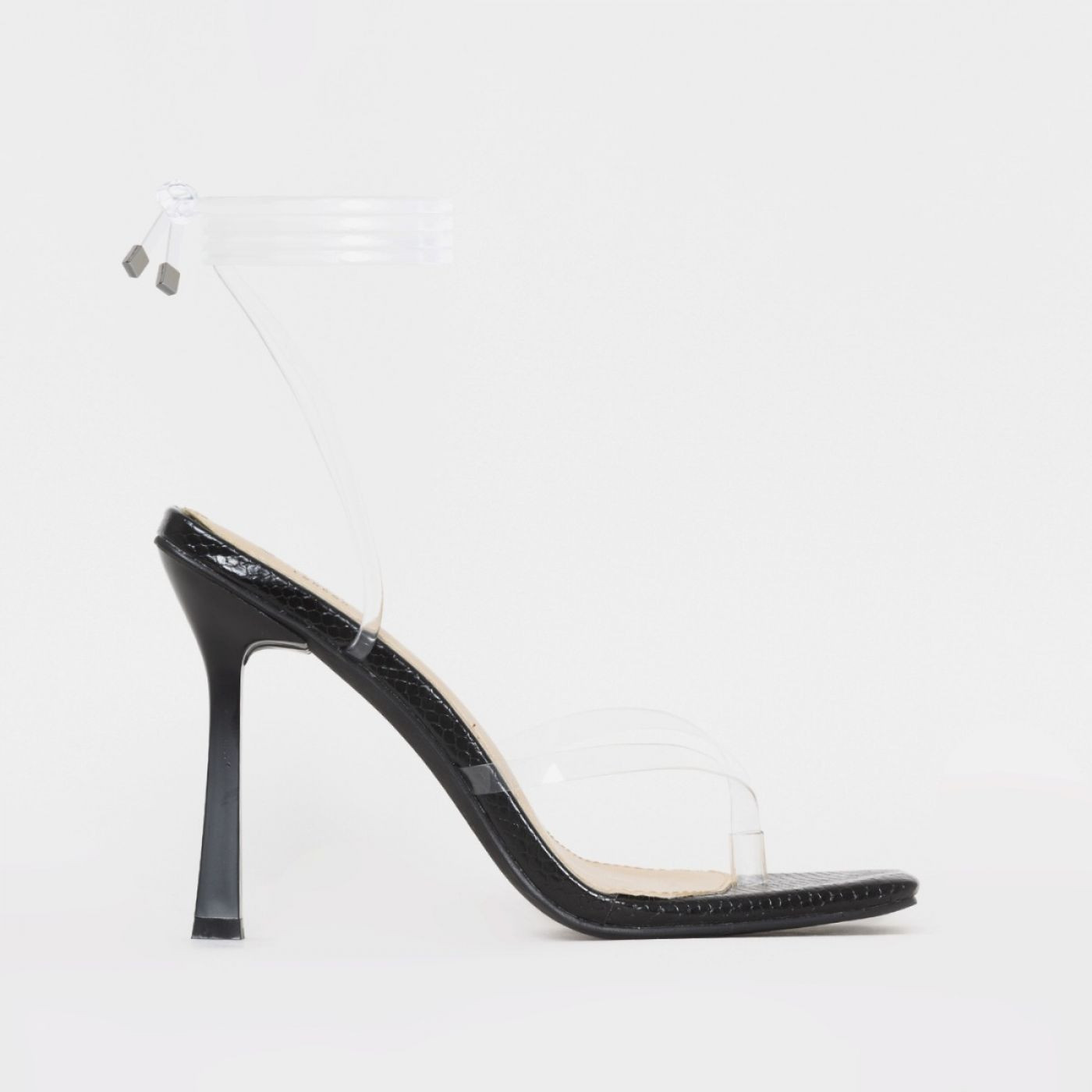 Quinn Black Faux Snake Print Clear Lace Up Thong Heels | Simmi Shoes