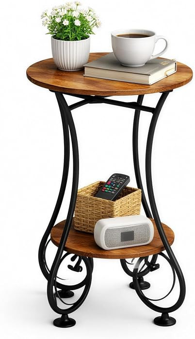 X-cosrack Small Round Side Table with Lower Shelf for Small Spaces, Compact End Table for Sofa, B... | Amazon (US)