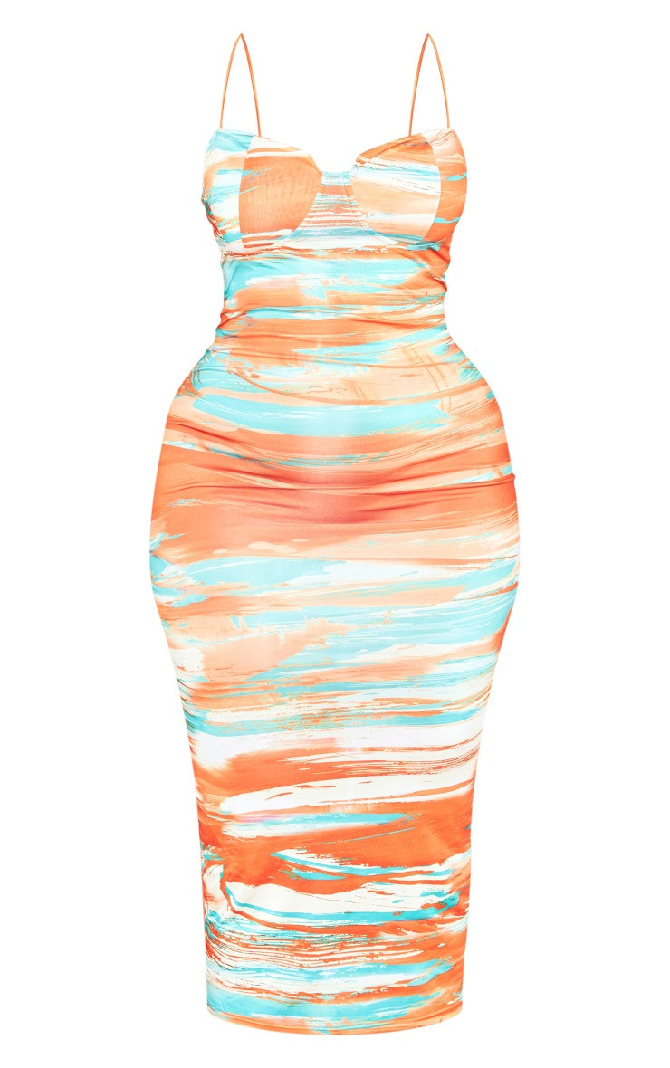 Plus Orange Abstract Print Crinkle Rib Cup Detail Midi Dress | PrettyLittleThing US