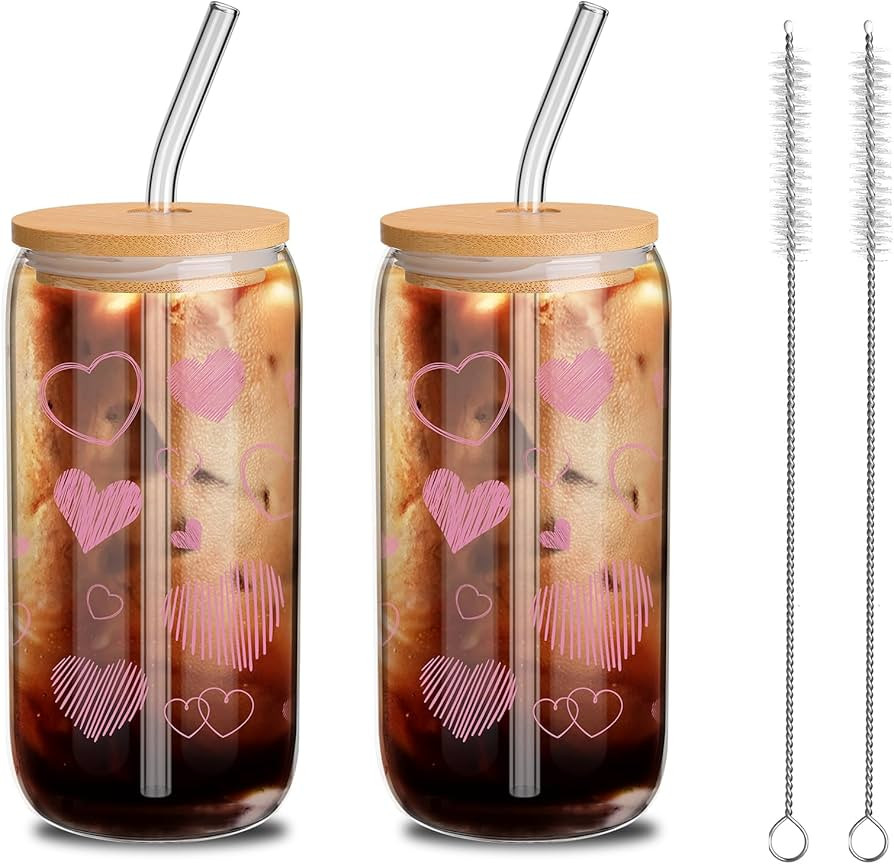 Yetene 2 Pcs Hearts Glass Cup Set, 16 oz Valentine Tumbler Glasses with Bamboo Lids and Straws Ca... | Amazon (US)