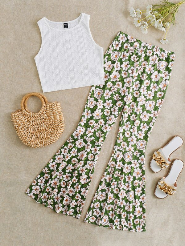 SHEIN WYWH Solid Tank Top & Floral Print Flare Leg Pants  SKU: sw2301102257127416(100+ Reviews)$1... | SHEIN