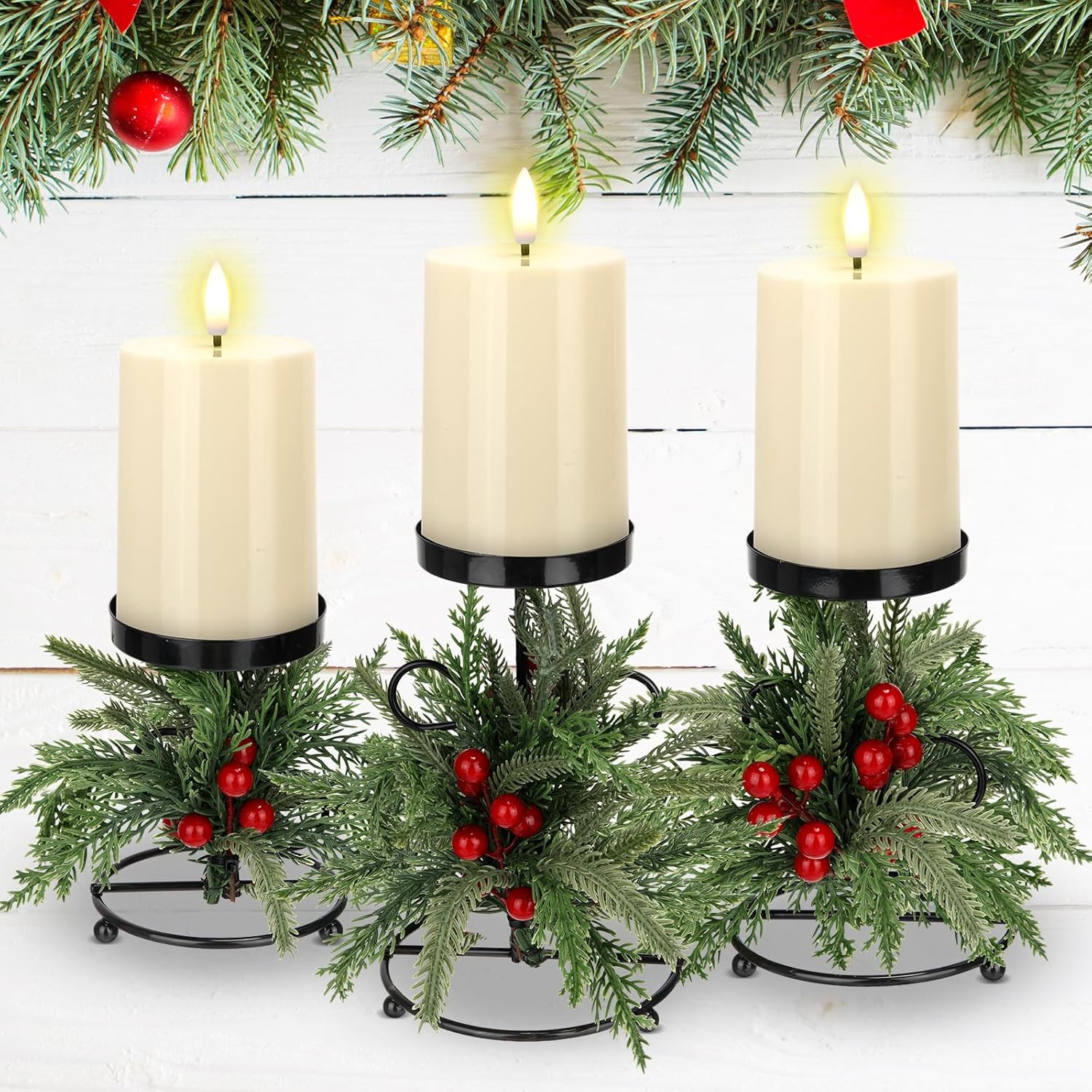 Yunlly Set of 3 Christmas Candle Holder Centerpiece with 3 Candle LED Battery Operated Norfolk Pi... | Amazon (US)