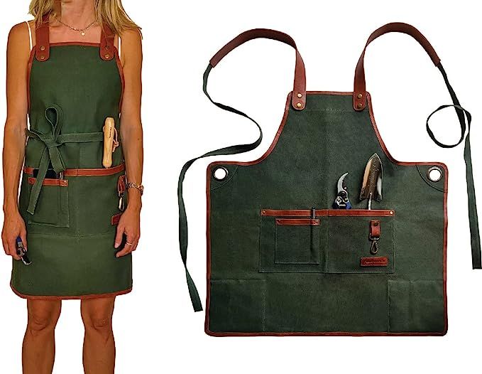 Garden Apron for Women Men, Gardening Apron with Pockets and Adjustable Leather Straps, Canvas Wa... | Amazon (US)
