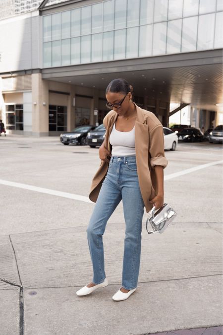 Shop these jeans from Madewell during the LTK exclusive in app sale! I’m wearing a 25 tall in the 90’s straight jean. This fit is perfect for my Fall outfit. My flats are a must. They also come in black. An oversized blazer brings it ll together. #madewelljeans #balletflats 

#LTKSale #LTKstyletip #LTKfindsunder100