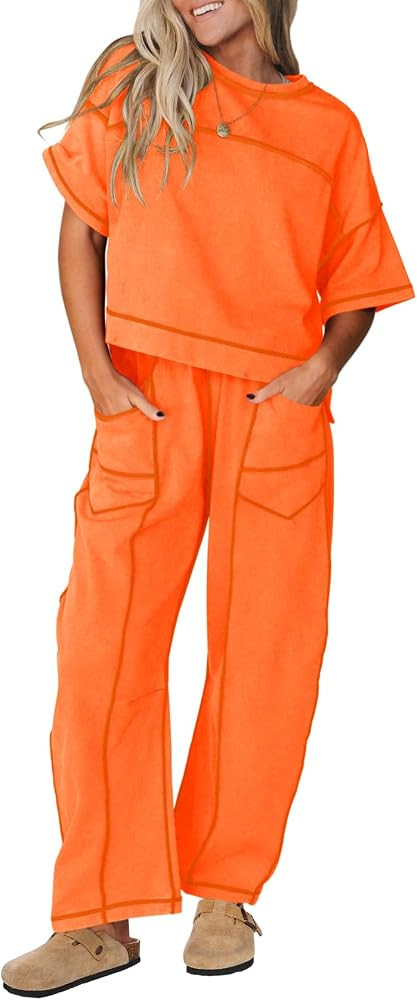 Women's Two Piece Sets Short Sleeve Crew Neck Tops Barrel Leg Sweatpants Lounge Matching Sets Tra... | Amazon (US)