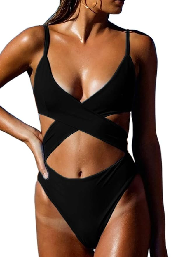 CHYRII Women's Sexy Criss Cross High Waisted Cut Out One Piece Monokini Swimsuit | Amazon (US)