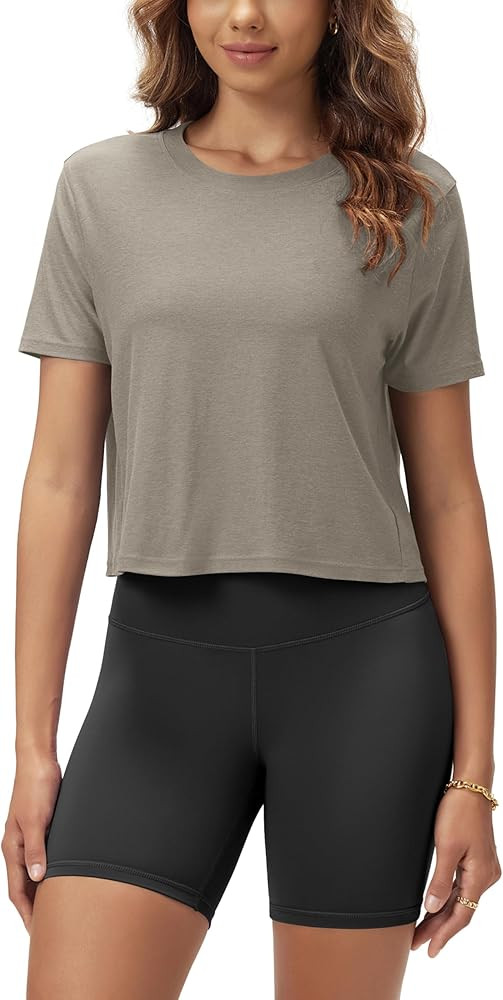 ODODOS Women's Performance Cropped Tee Ultra Soft odSTRATUM Tech Short Sleeve Relaxed Top Crew Ne... | Amazon (US)