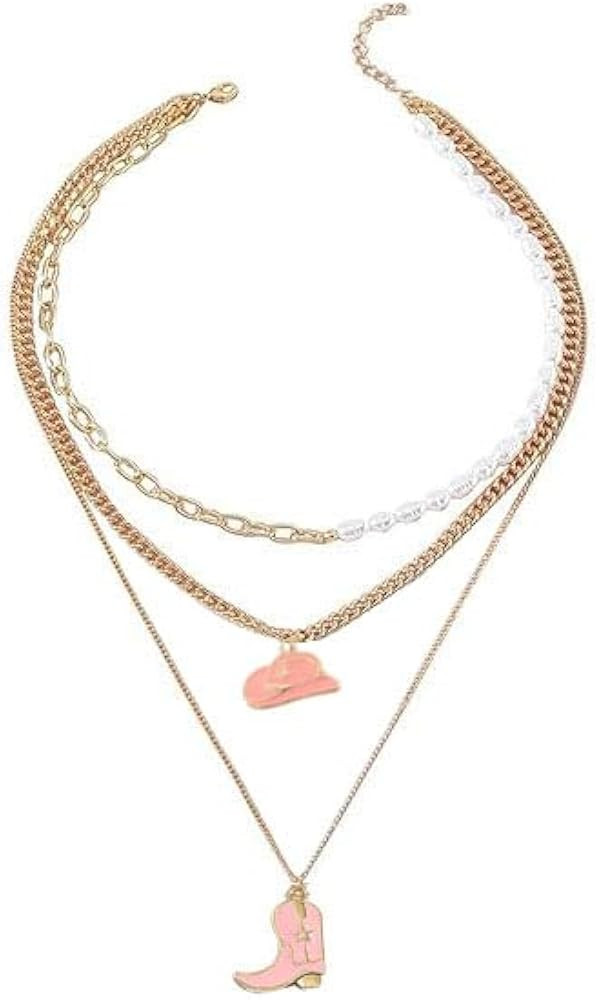 Cowboy Boots Hat Pearl Necklace Layer Western Jewelry for Women Cowgirl Charms Chain Necklace Gif... | Amazon (US)