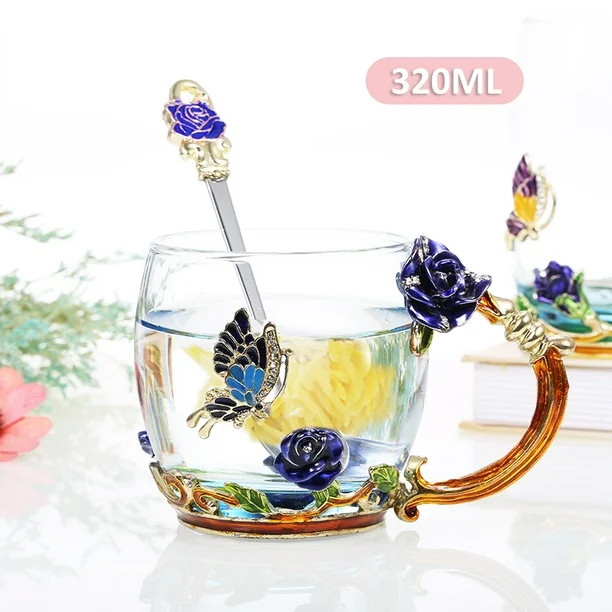 Blue Rose Enamel Craft Water Cup Drink Mug with Handle Design Tea Coffee Cup with Spoon Cleaning ... | Walmart (US)