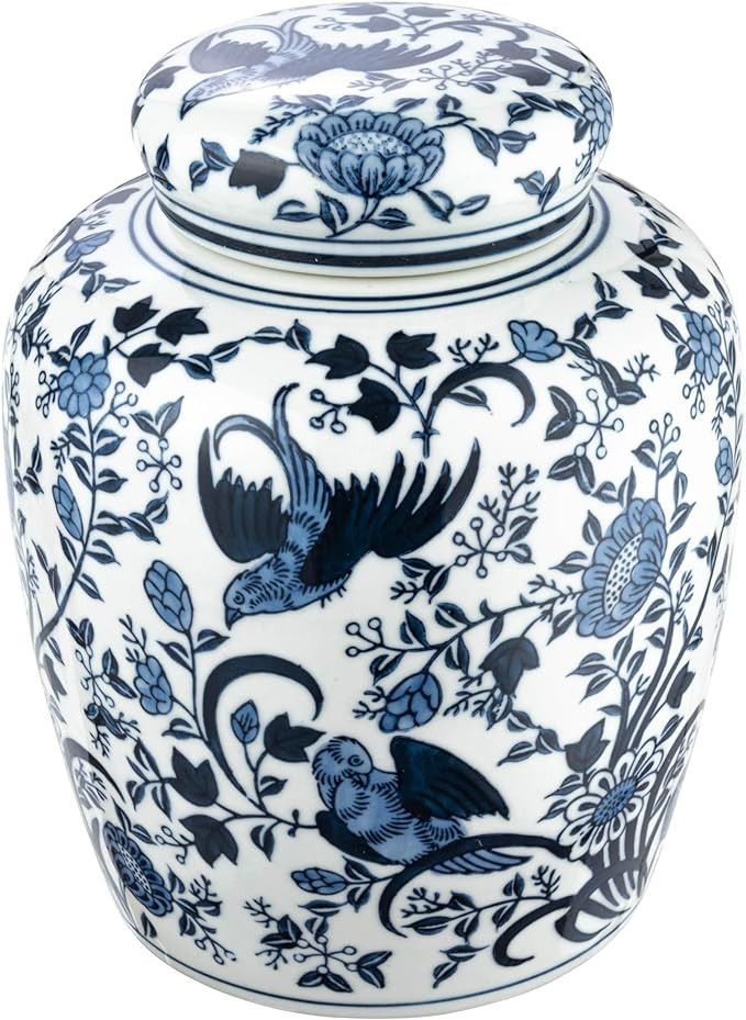 Creative Co-Op Decorative Ceramic Ginger Jar with Lid, Blue Bird Pattern | Amazon (US)
