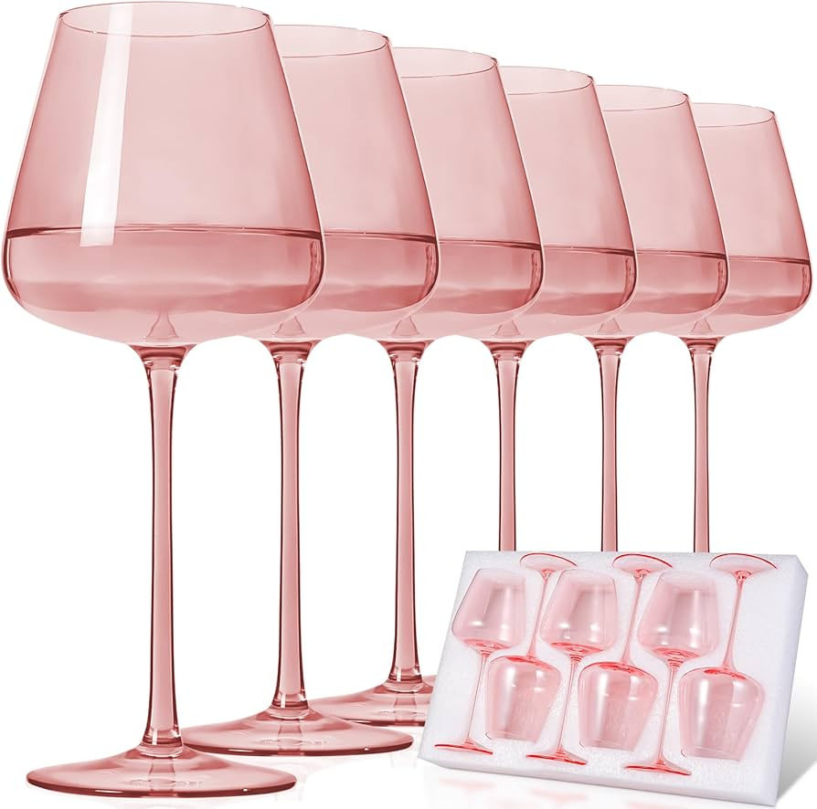 Pink Wine Glasses Set of 6, Hand Blown Large Colored Wine Glass 18Oz, Lead-Free Premium Crystal L... | Amazon (US)
