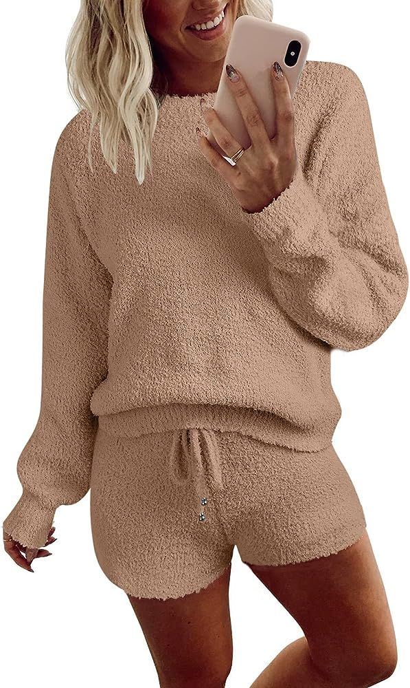 MEROKEETY Women's 2023 Winter Fuzzy Fleece Long Sleeve Pajama Set 2 Piece Sweater Top and Shorts ... | Amazon (US)