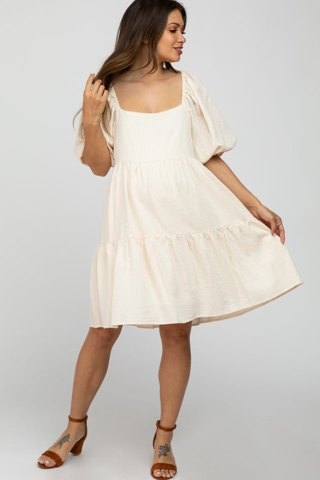 Cream Striped Square Neck Puff Sleeve Maternity Dress | PinkBlush Maternity