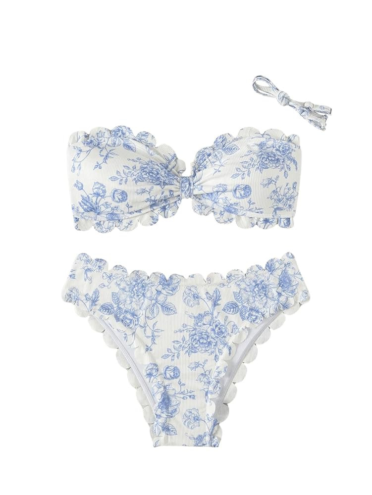 SHENHE Women's 2 Piece Bandeau Bikini Sets Floral Print Scalloped Boho Strapless Swimsuits | Amazon (US)