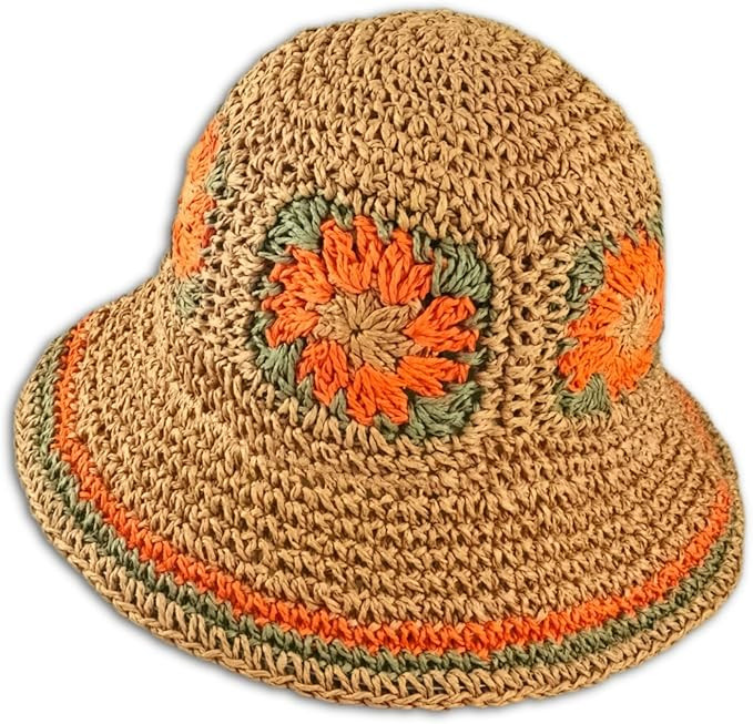 Crochet Straw Sun Hats for Women, Wide Brim Beach Floral Fisherman Hat Casual Woven Raffia Foldab... | Amazon (US)