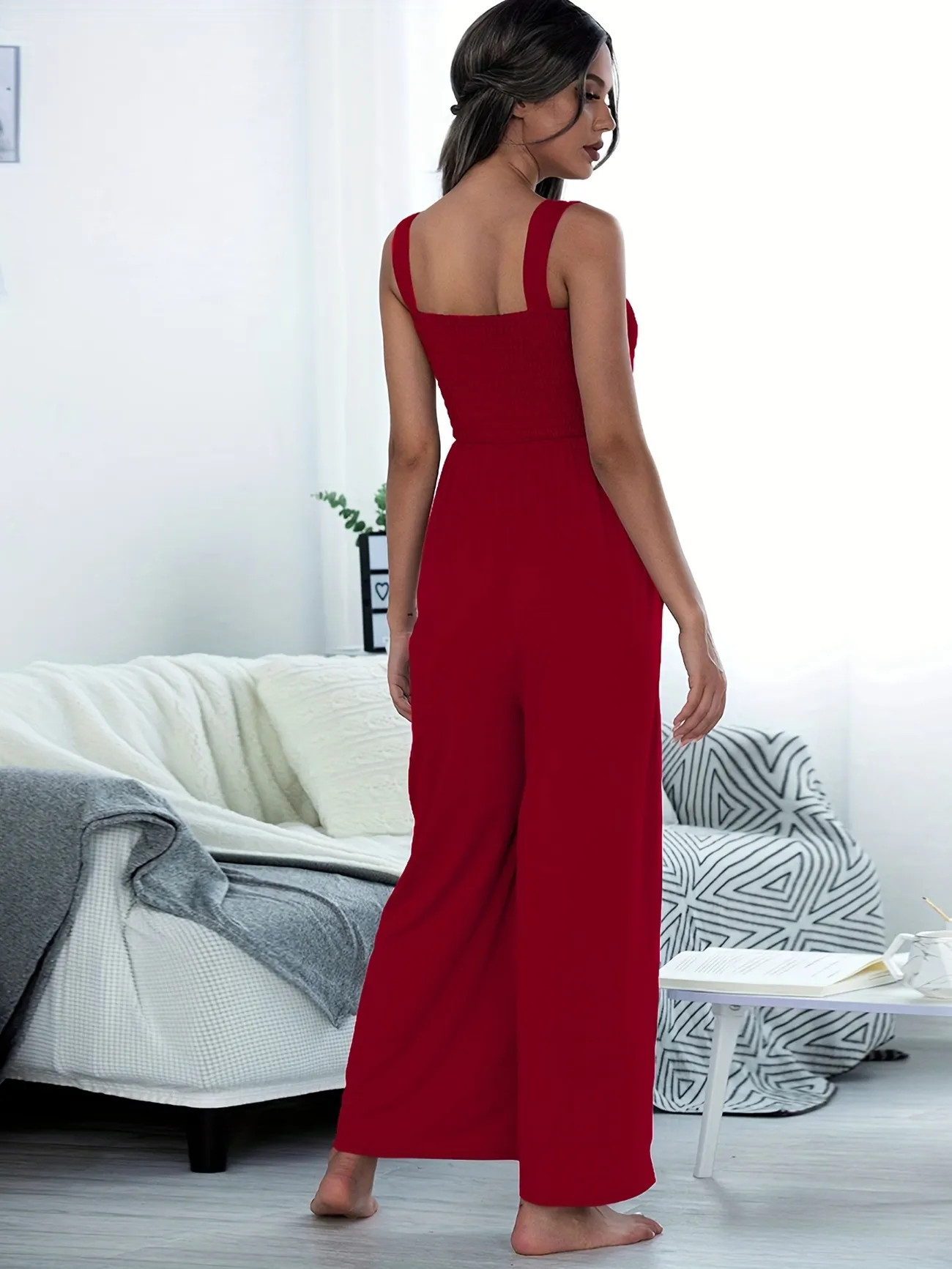 Solid Shirred Wide Leg Jumpsuit Casual Sleeveless Jumpsuit For Spring Fall Womens Clothing | High... | Temu Affiliate Program