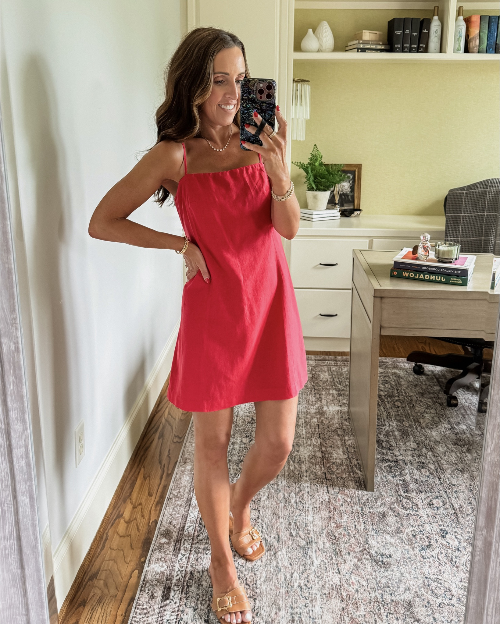 red linen dress gap Gap Factory Women's Linen-Blend V-Neck Midi Dress Red Dot Size XL