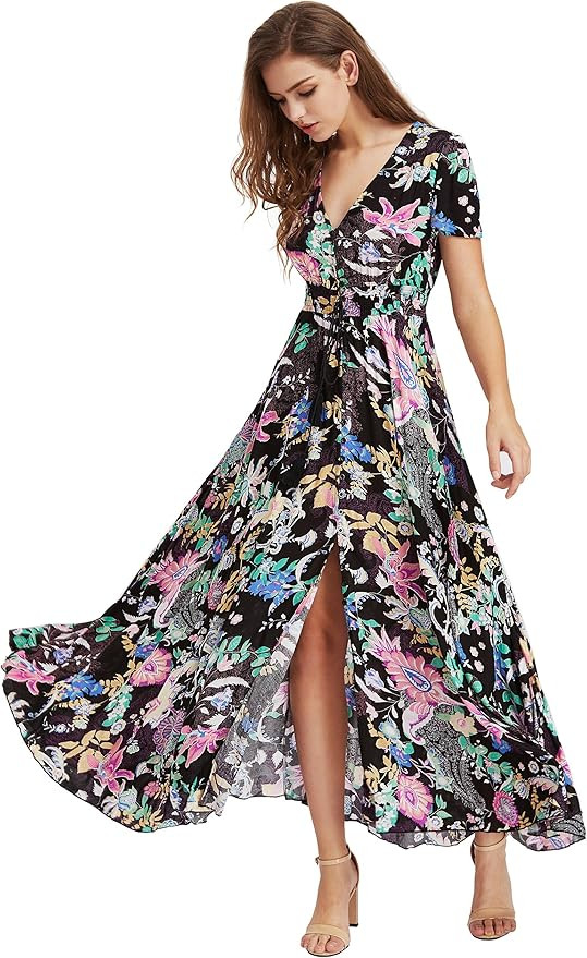 Milumia Women Floral Print Button Up Split Flowy Party Maxi Dress | Amazon (US)
