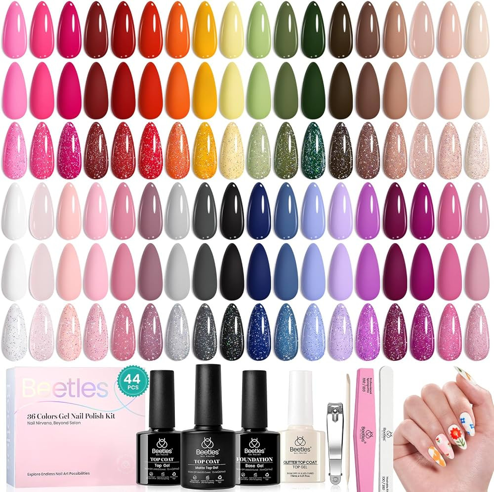 beetles 44pcs Gel Nail Polish Set - 36 Colors Colorful Muse Gel Polish Kit Pink Nude Red Yellow G... | Amazon (US)
