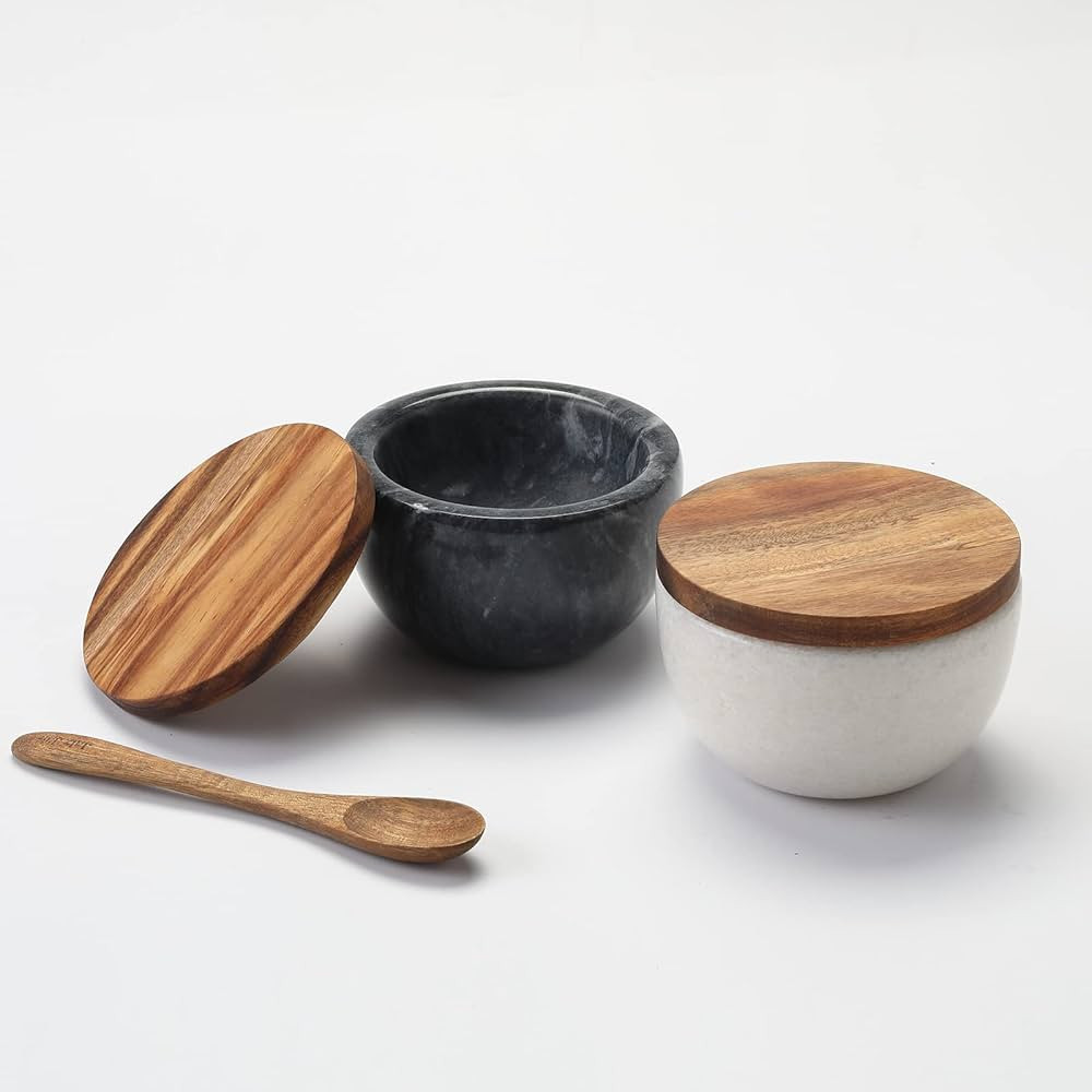 jalz jalz Marble Salt and Pepper Bowls Salt Box Salt Cellar Set solid natural Wood Cover large ca... | Amazon (US)