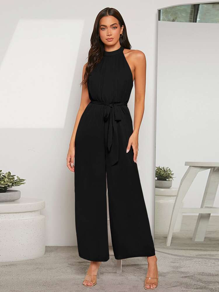 evoluSHEIN Solid Cut Out Back Belted Halter Jumpsuit | SHEIN