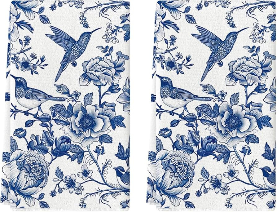 Artoid Mode Blue Hummingbird Flowers Kitchen Towels Dish Towels, 18x26 Inch Farmhouse Royal Blue ... | Amazon (US)