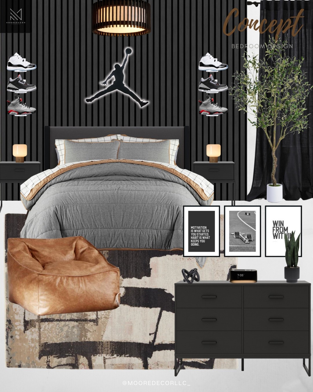 Client-Approved ✔️
This sneakerhead-inspired bedroom concept brings serious game! From the LED Jumpman centerpiece to the floating shoe shelves and bold slat wall, every detail reflects personal style and purpose. The cognac leather bean bag, abstract rug, and motivational artwork pull it all together for a space that’s both cool and functional.

Shop the look now — modern, masculine, and made to inspire.

#TeenRoomDesign #MooreDecorLLC #BoyBedroomGoals #InteriorDesignInspo #SneakerheadStyle #ModernMasculineDecor #ClientApproved #HomeDesign #RoomMakeover

#LTKHome