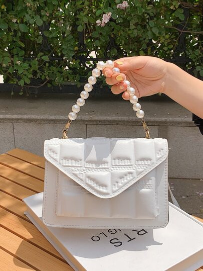 Faux Pearl Beaded Flap Satchel Bag | SHEIN