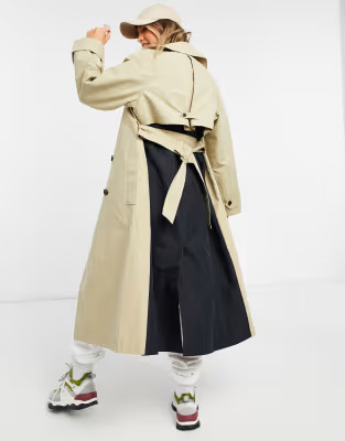 ASOS DESIGN spliced trench coat in black and stone | ASOS (Global)