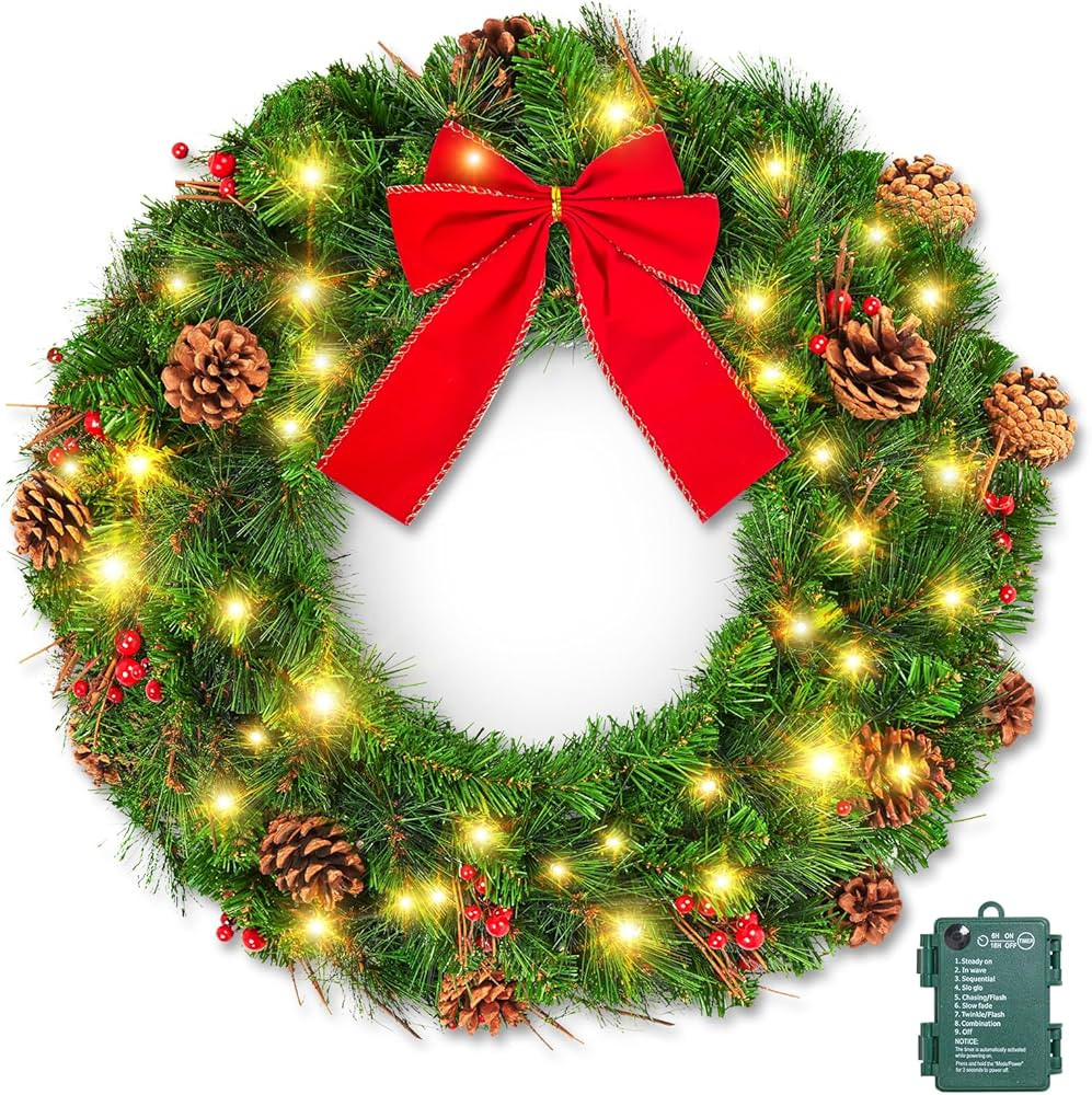 Brightown 24 Inch Pre-Lit Christmas Wreaths for Front Door, IP44 Battery Operated 50 LED Christma... | Amazon (US)
