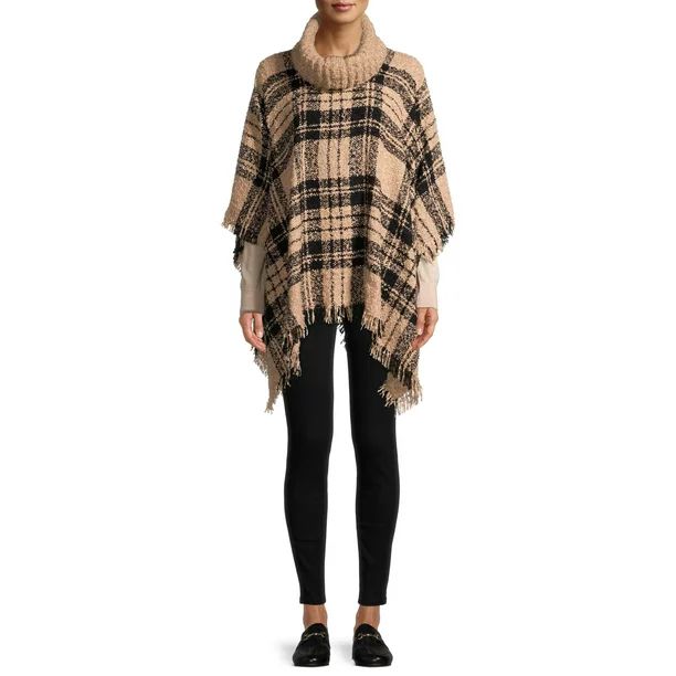 Time and Tru Women's Plaid Boucle Poncho with Ribbed Cowl Neck | Walmart (US)